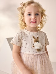 Ecru Bunny Character Short Sleeve Rib Mesh Party Dress (3mths-7yrs) - Image 4 of 9