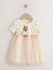 Ecru Bunny Character Short Sleeve Rib Mesh Party Dress (3mths-7yrs) - Image 5 of 9