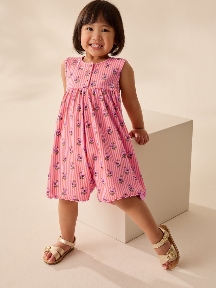 Coral Pink Floral Jersey Rib Playsuit (3mths-7yrs) - Image 1 of 8 Coral Pink Floral Jersey Rib Playsuit (3mths-7yrs) - Image 1 of 8