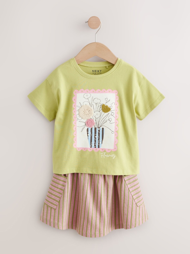 Green/Pink 100% Cotton T-Shirt and Skirt Set (3mths-7yrs) - Image 4 of 8