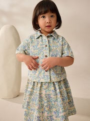 Blue/Ecru Floral 100% Cotton Top and Skirt Set (3mths-7yrs) - Image 1 of 7