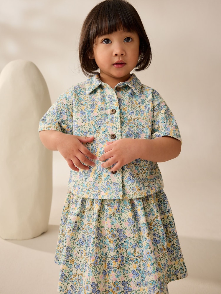 Blue/Ecru Floral 100% Cotton Top and Skirt Set (3mths-7yrs) - Image 1 of 7