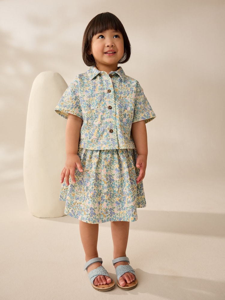 Blue/Ecru Floral 100% Cotton Top and Skirt Set (3mths-7yrs) - Image 2 of 7 Blue/Ecru Floral 100% Cotton Top and Skirt Set (3mths-7yrs) - Image 2 of 7
