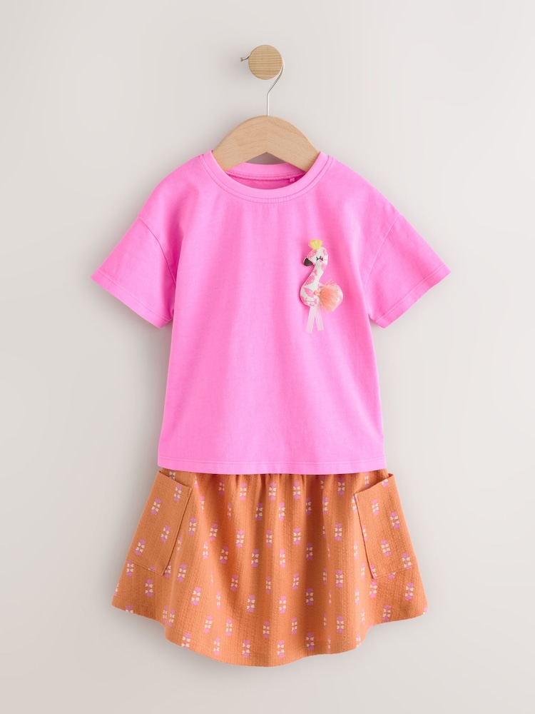 Pink/Orange Flamingo Character 100% Cotton T-Shirt and Skirt Set (3mths-7yrs) - Image 5 of 9