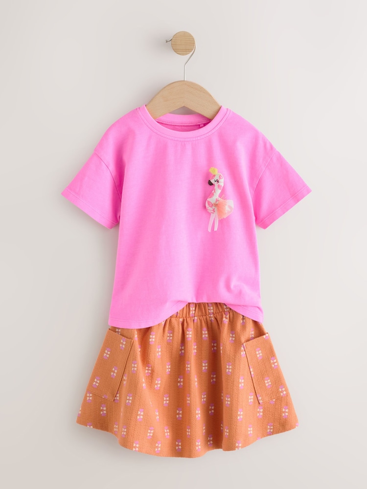 Pink/Orange Flamingo Character 100% Cotton T-Shirt and Skirt Set (3mths-7yrs) - Image 6 of 9