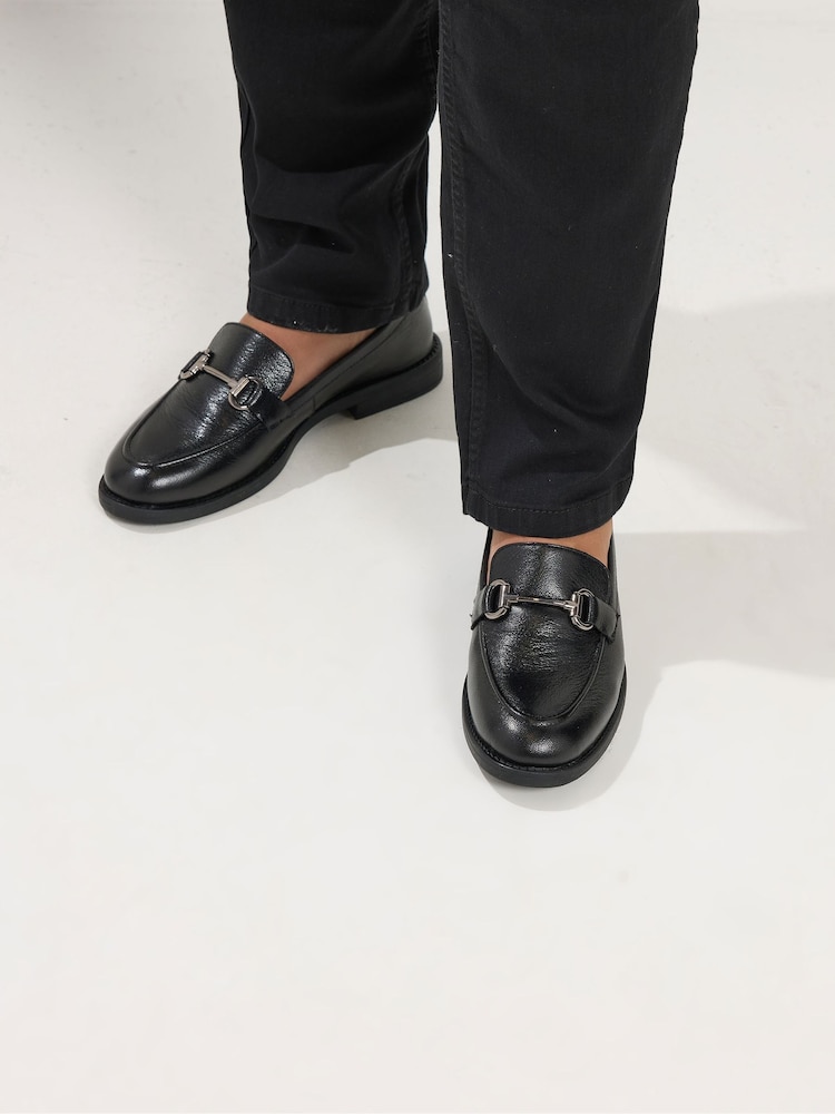 Yours Curve Black Wide Fit Snaffle Trim Leather Loafers - Image 1 of 3