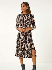 Roman Black Stretch Abstract Belted Dress - Image 1 of 5
