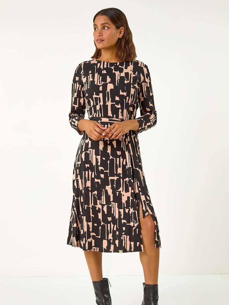 Roman Black Stretch Abstract Belted Dress - Image 1 of 5