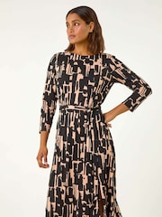 Roman Black Stretch Abstract Belted Dress - Image 2 of 5