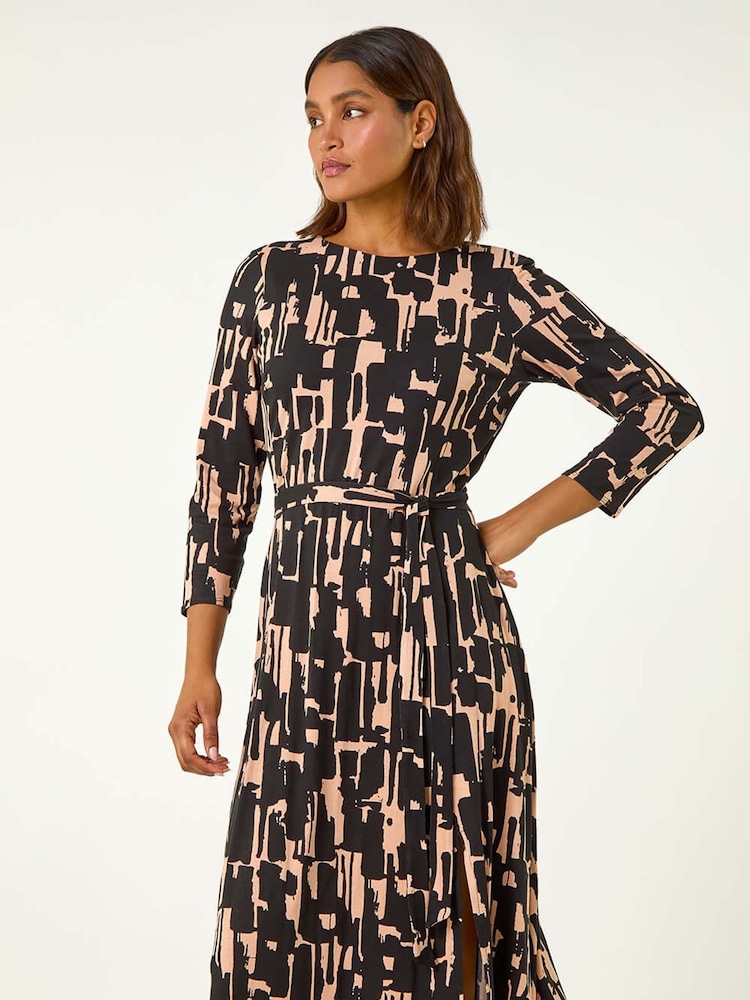 Roman Black Stretch Abstract Belted Dress - Image 2 of 5