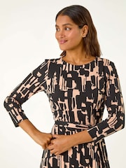 Roman Black Stretch Abstract Belted Dress - Image 4 of 5
