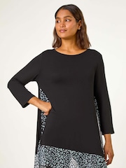 Schwarz - Roman Stretch-Top mit Animal Print und kontrastierendem Mesh-Saum - Bild 1 von 5