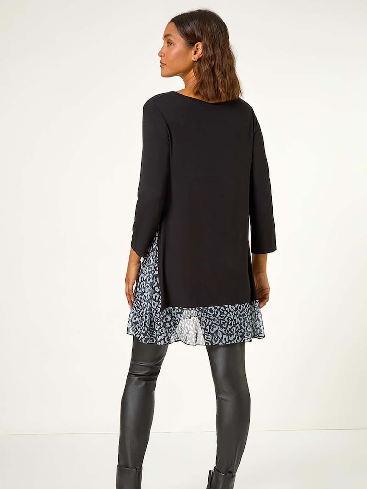 Schwarz - Roman Stretch-Top mit Animal Print und kontrastierendem Mesh-Saum - Bild 2 von 5