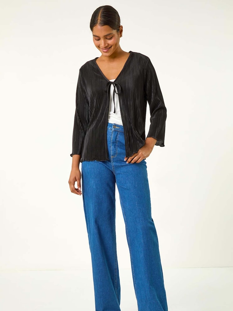 Roman Black Stretch Tie Detail Plisse Cardigan - Image 1 of 6