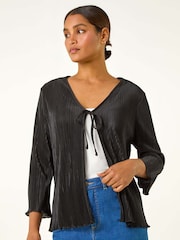 Roman Black Stretch Tie Detail Plisse Cardigan - Image 3 of 6