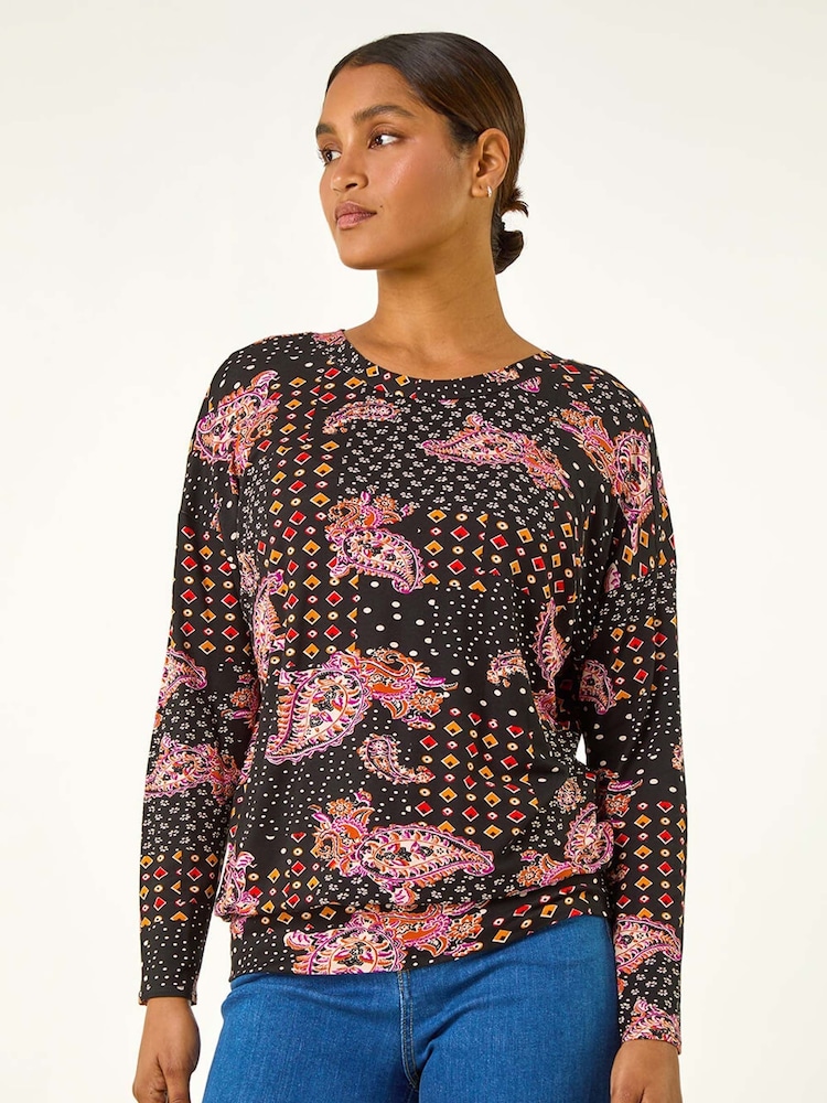 Roman Orange Banded Paisley Stretch Top - Image 1 of 5