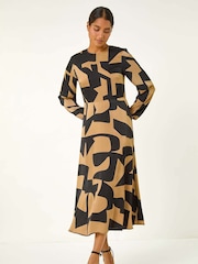 Roman Brown Geometric Colour Block Print Midi Dress - Image 1 of 5