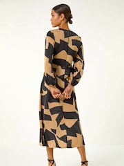Roman Brown Geometric Colour Block Print Midi Dress - Image 2 of 5