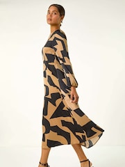 Roman Brown Geometric Colour Block Print Midi Dress - Image 3 of 5