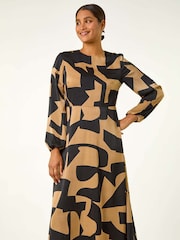 Roman Brown Geometric Colour Block Print Midi Dress - Image 4 of 5