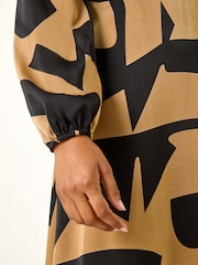 Roman Brown Geometric Colour Block Print Midi Dress - Image 5 of 5