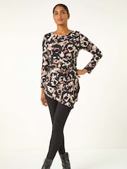 Roman Black Stretch Animal Print Twist Top - Image 1 of 5