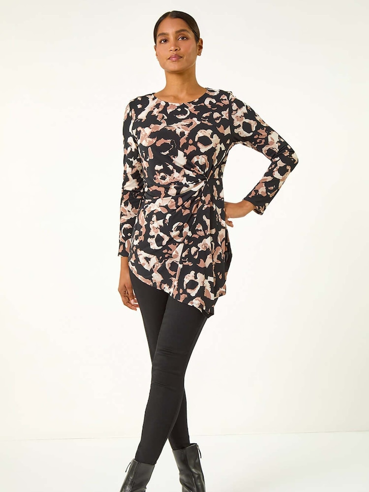 Roman Black Stretch Animal Print Twist Top - Image 1 of 5