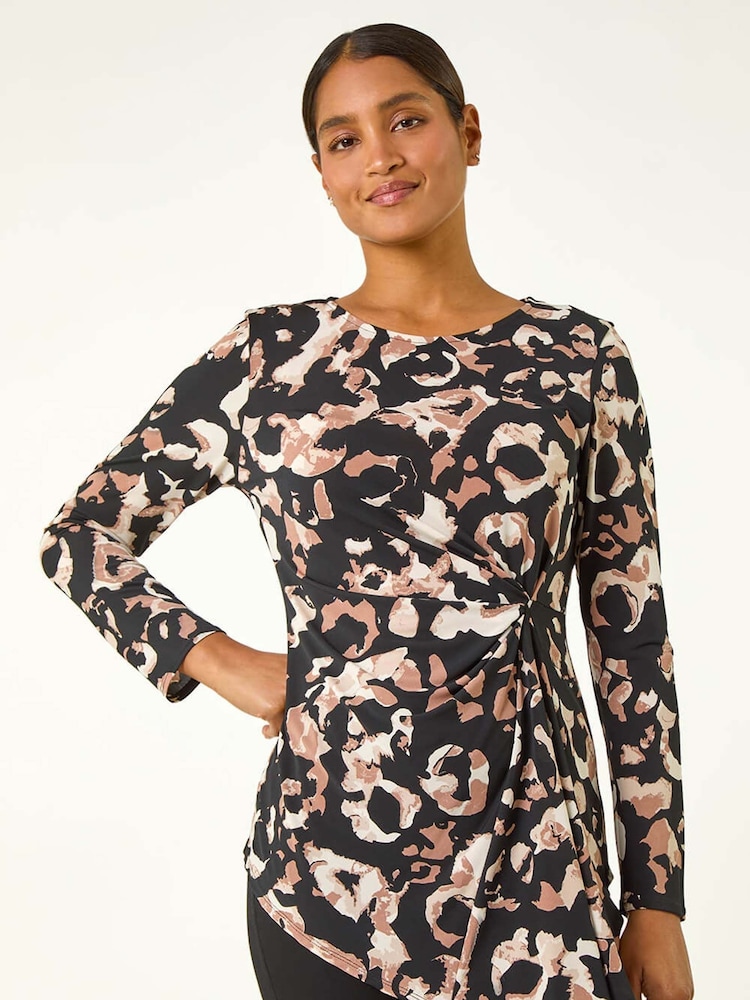 Roman Black Stretch Animal Print Twist Top - Image 2 of 5