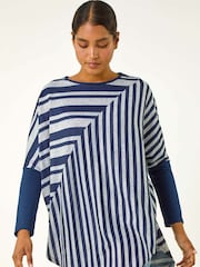 Roman Blue Contrast Stripe Tunic Stretch Top - Image 2 of 5
