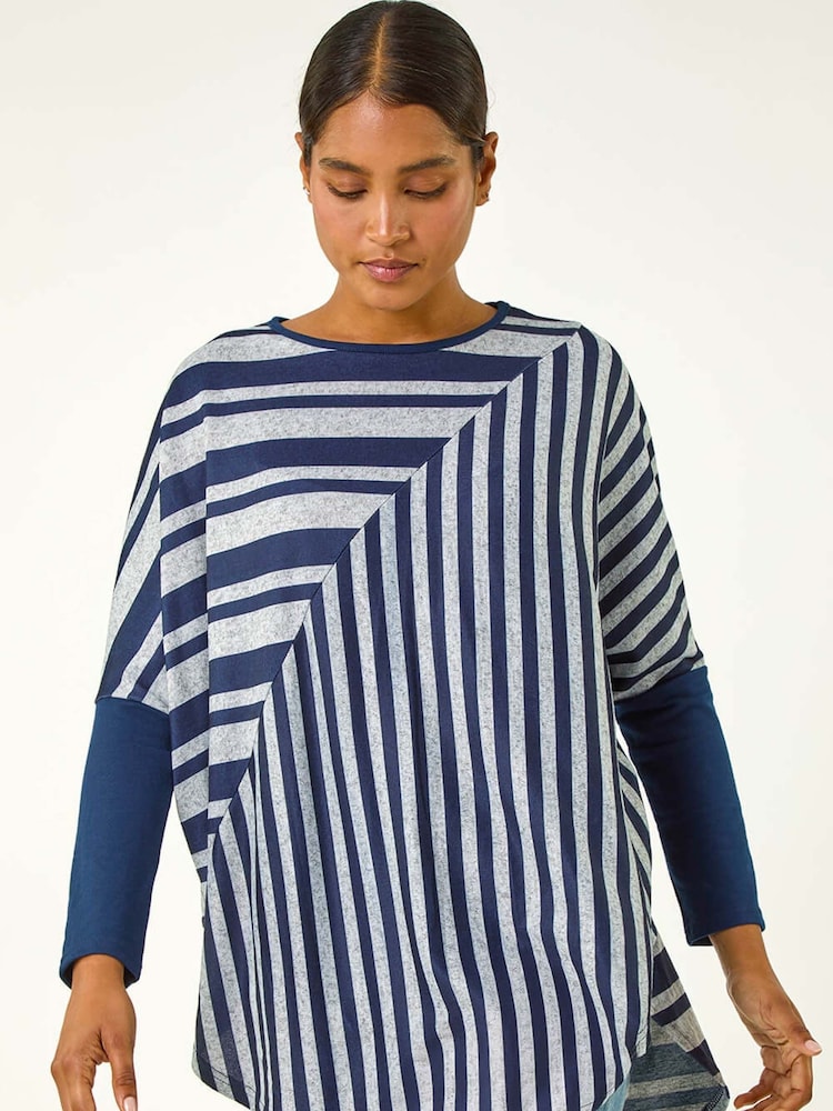 Roman Blue Contrast Stripe Tunic Stretch Top - Image 2 of 5