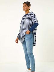 Roman Blue Contrast Stripe Tunic Stretch Top - Image 3 of 5