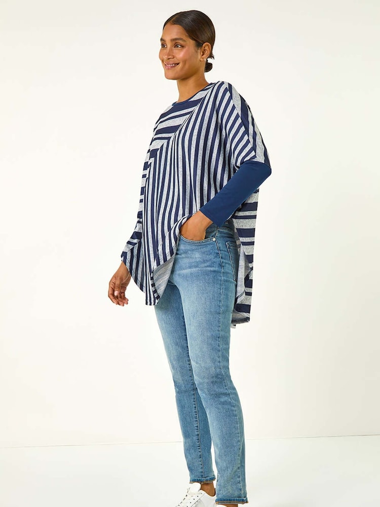 Roman Blue Contrast Stripe Tunic Stretch Top - Image 3 of 5