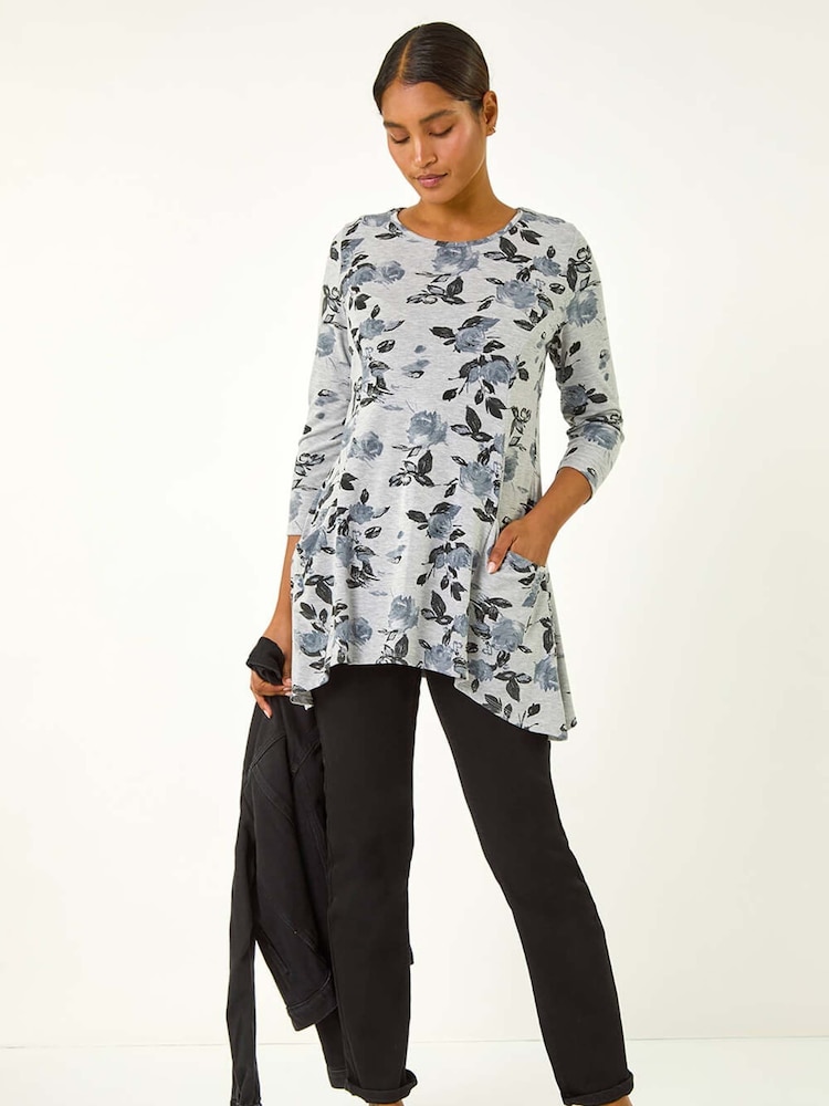 Roman Grey Floral Print Pocket Detail Tunic Stretch Top - Image 1 of 5