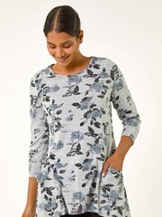 Roman Grey Floral Print Pocket Detail Tunic Stretch Top - Image 2 of 5