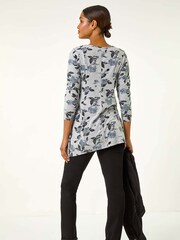 Roman Grey Floral Print Pocket Detail Tunic Stretch Top - Image 3 of 5