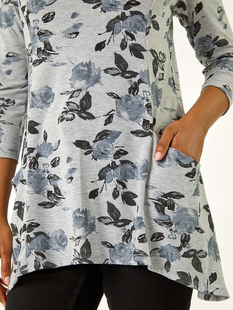 Roman Grey Floral Print Pocket Detail Tunic Stretch Top - Image 5 of 5