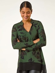 Roman Green Floral Chiffon Hem Blouse - Image 1 of 5