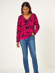 Roman Pink Animal Print V-Neck Jumper - Image 1 of 5