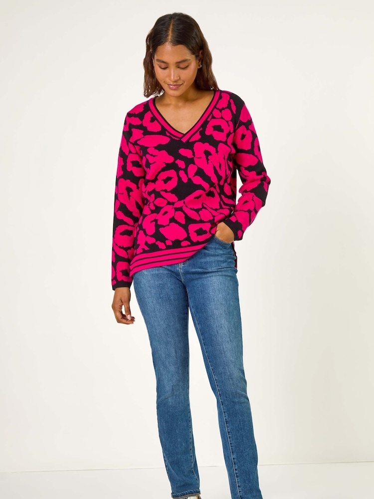 Roman Pink Animal Print V-Neck Jumper - Image 1 of 5