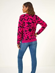 Roman Pink Animal Print V-Neck Jumper - Image 3 of 5