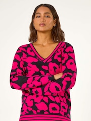 Roman Pink Animal Print V-Neck Jumper - Image 4 of 5