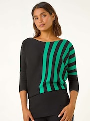 Roman Green Contrast Stripe Print Knit Jumper - Image 1 of 5