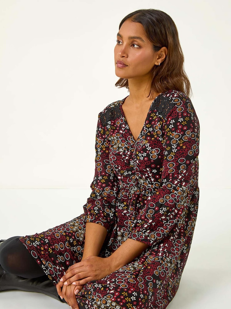 Roman Red Floral Print Lace Trim Dress - Image 1 of 5
