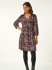 Roman Red Floral Print Lace Trim Dress - Image 2 of 5