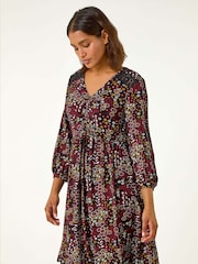 Roman Red Floral Print Lace Trim Dress - Image 4 of 5