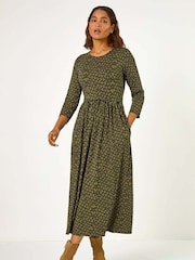 Roman Green Geometric Pocket Stretch Midi Dress - Image 1 of 5