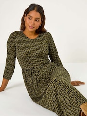 Roman Green Geometric Pocket Stretch Midi Dress - Image 2 of 5