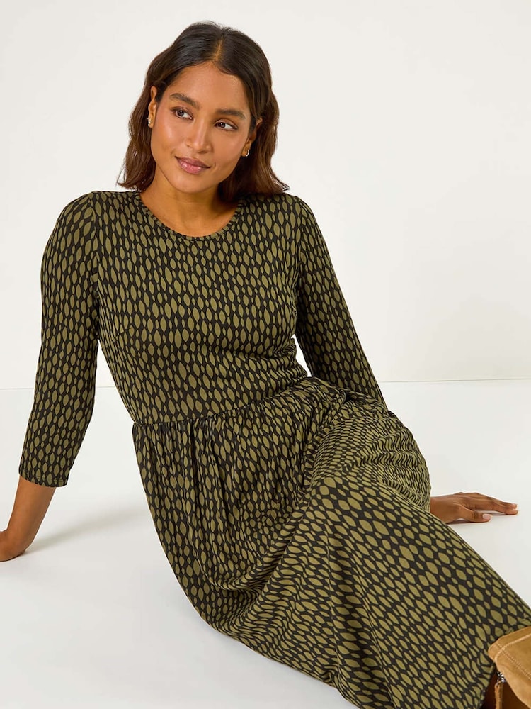 Roman Green Geometric Pocket Stretch Midi Dress - Image 2 of 5