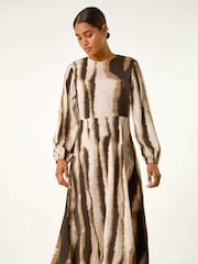 Roman Brown Shadow Stripe Print Midi Dress - Image 1 of 5