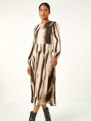 Roman Brown Shadow Stripe Print Midi Dress - Image 2 of 5